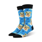 Pair of blue crew socks featuring adorable dogs in lab coats and glasses, alongside beakers, atoms, and DNA strands.