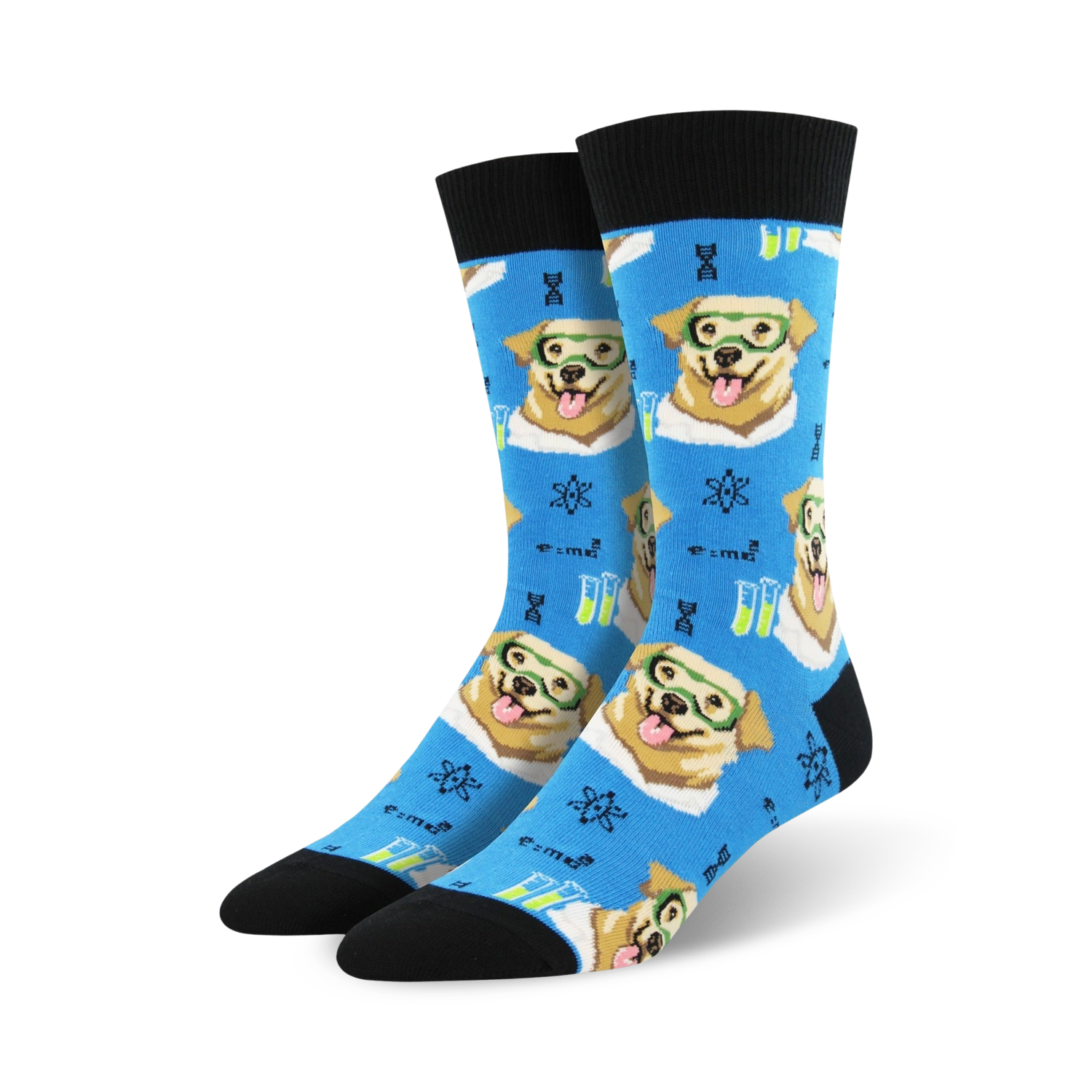 Pair of blue crew socks featuring adorable dogs in lab coats and glasses, alongside beakers, atoms, and DNA strands.