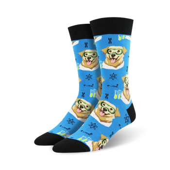 blue crew socks with cartoon dogs, beakers, and equations pattern.  