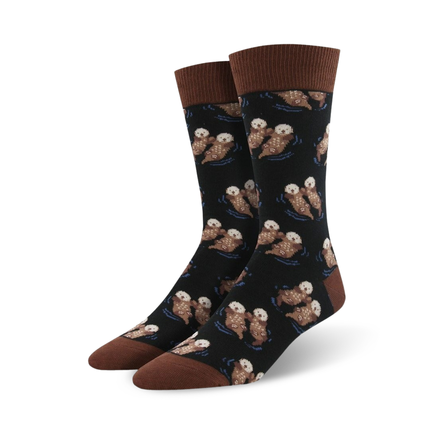 Pair of crew socks; black background with repeating pattern of brown otters swimming; brown cuff.