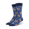 Lifestyle photo showing the blue otter socks on a person's feet; blue socks with brown otters.