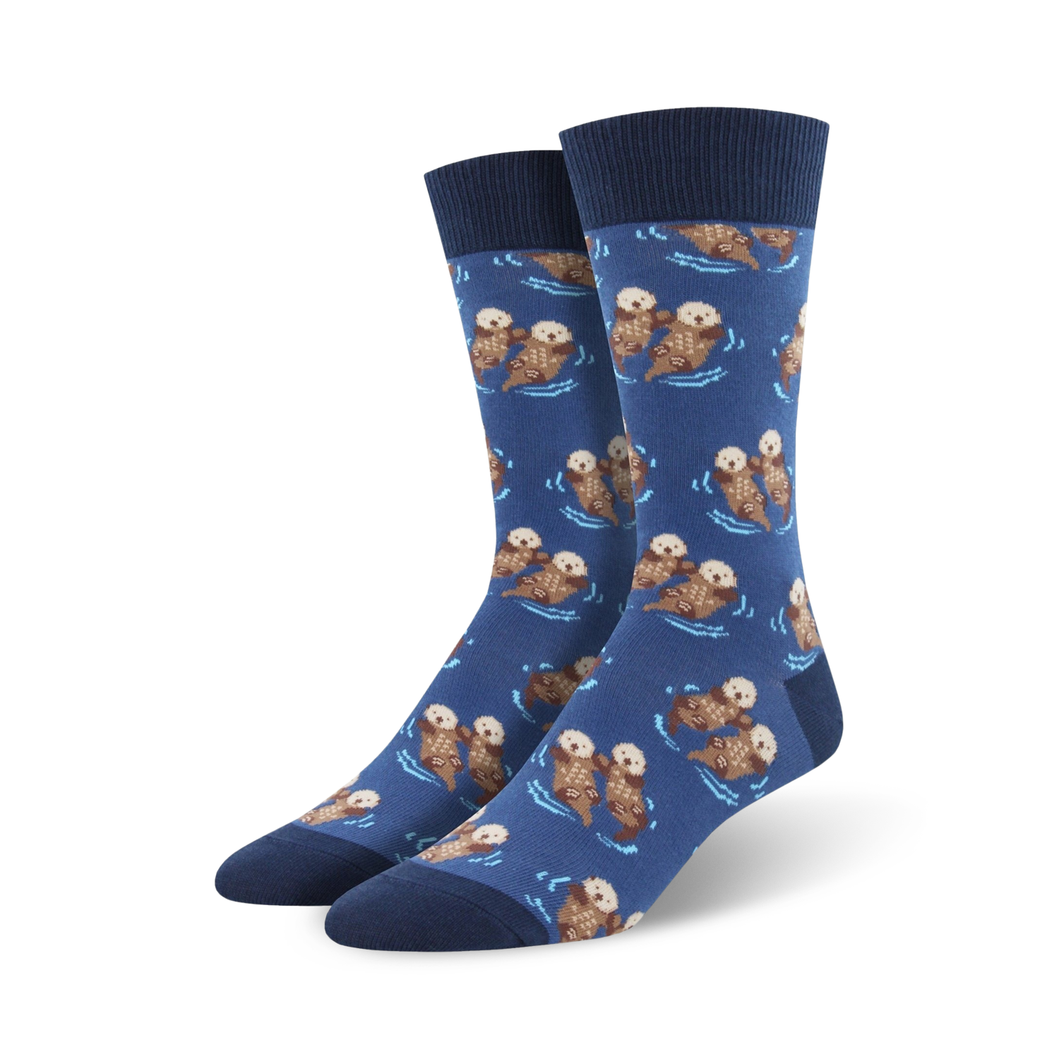 Lifestyle photo showing the blue otter socks on a person's feet; blue socks with brown otters.