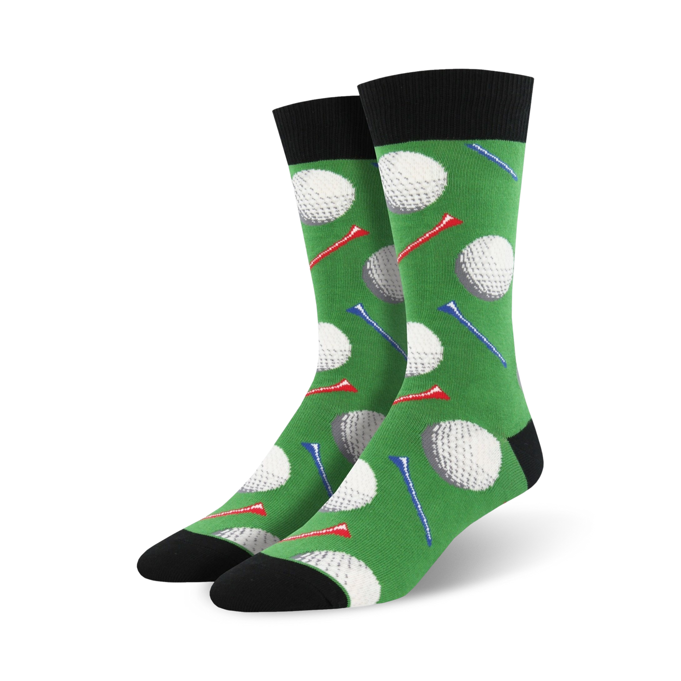 Pair of crew socks with a golf theme. Green background features white golf balls and red and blue tees. Black cuff and sole.