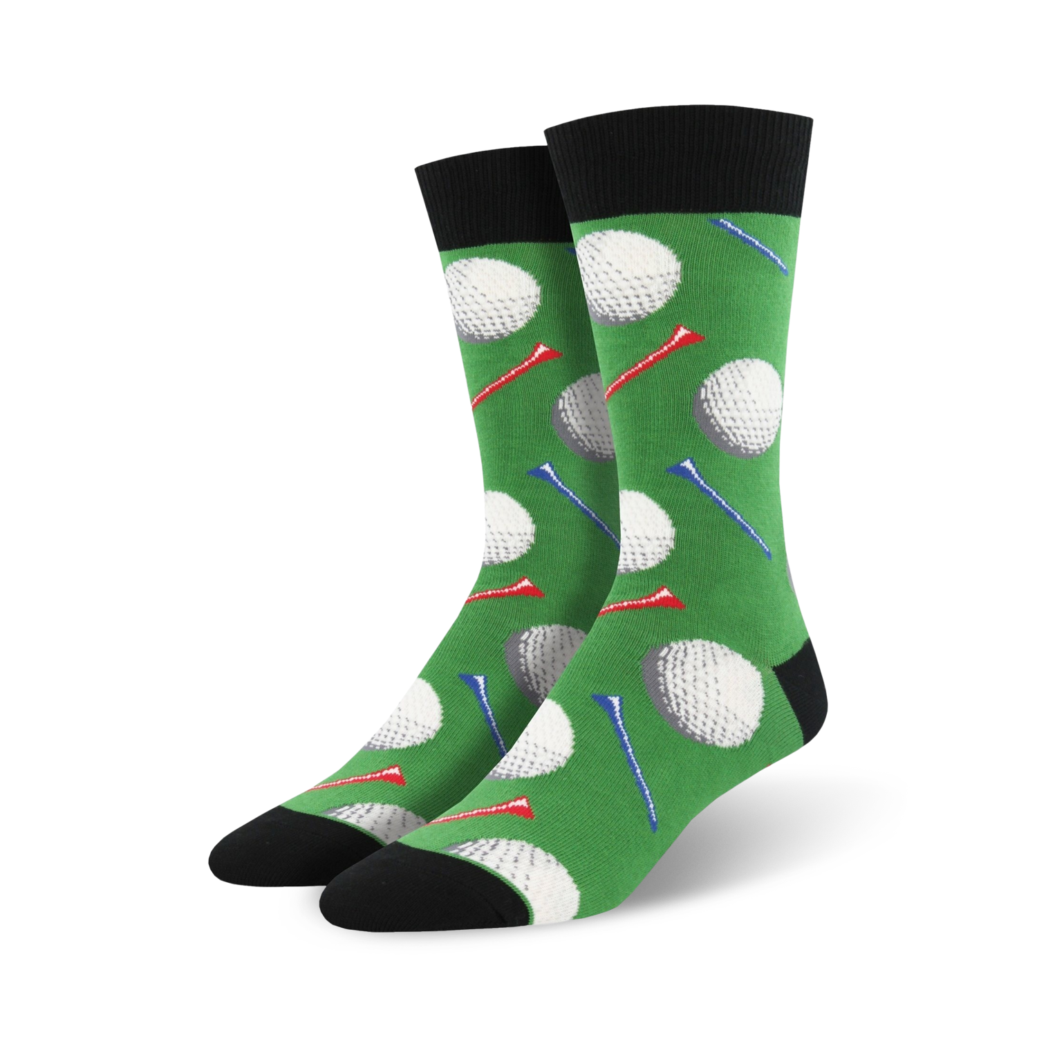 Pair of crew socks with a golf theme. Green background features white golf balls and red and blue tees. Black cuff and sole.