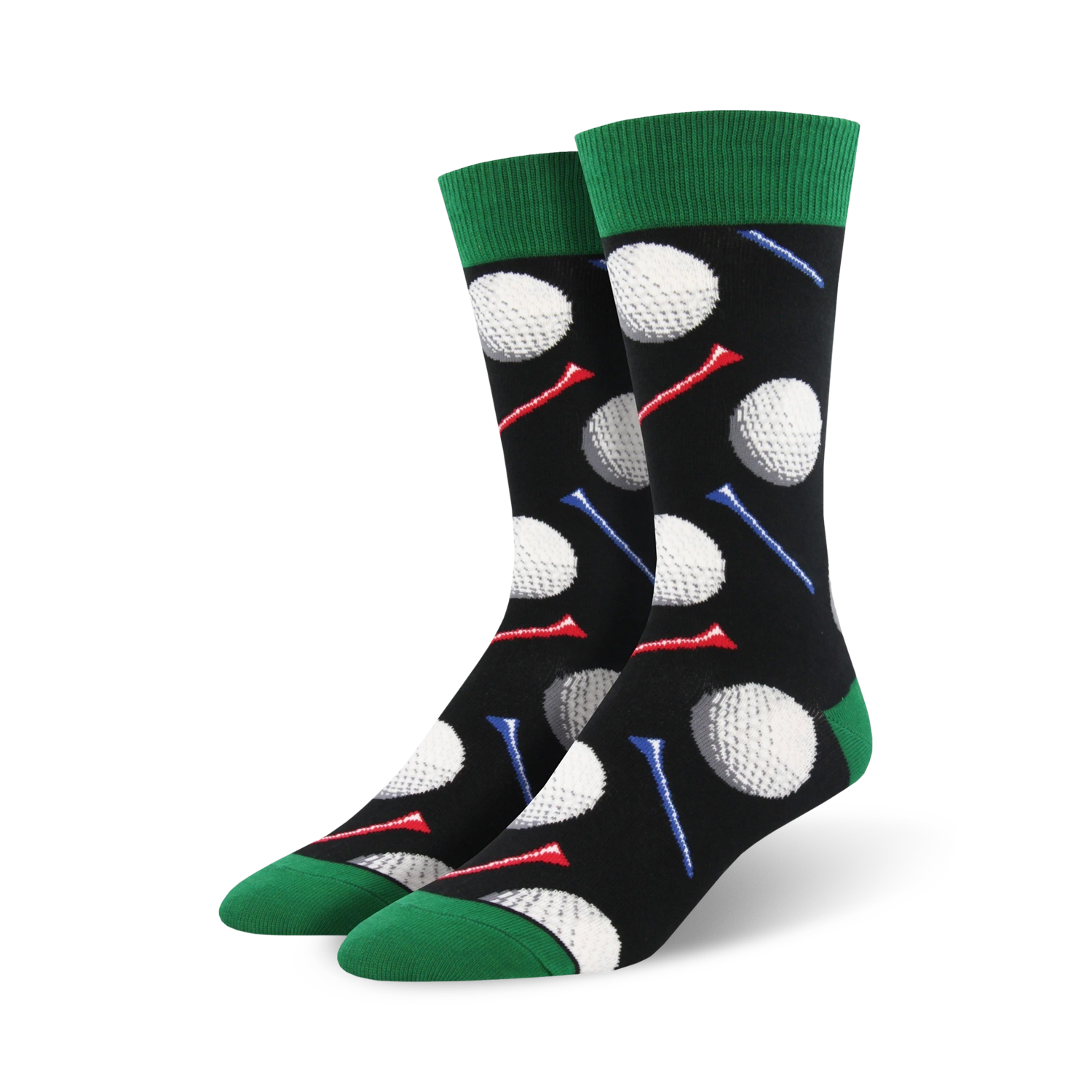 Lifestyle shot of a person wearing the black and green golf-themed socks, showcasing how they look when worn.