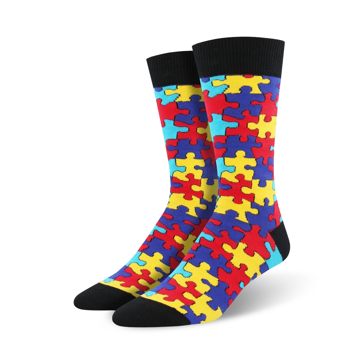 Pair of crew socks with a puzzle-piece design. The socks are predominantly red, yellow, blue, and teal.