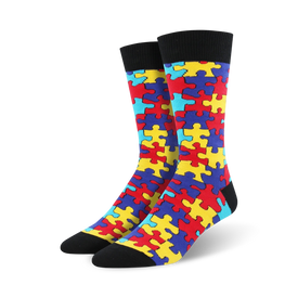 puzzled crew socks: brightly colored puzzle pieces on a black background for the ultimate brainteaser!  