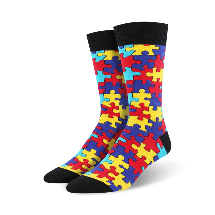 puzzled crew socks: brightly colored puzzle pieces on a black background for the ultimate brainteaser!   }}