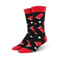 Pair of black crew socks with red beer pong cups and white ping pong balls. Fun, playful design.
