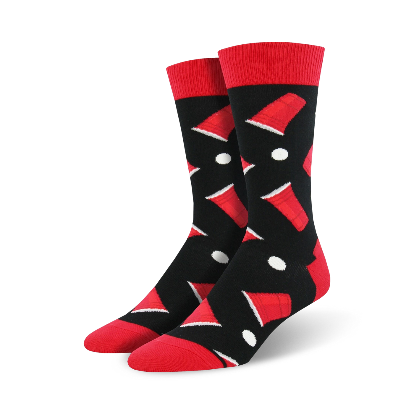 Pair of black crew socks with red beer pong cups and white ping pong balls. Fun, playful design.