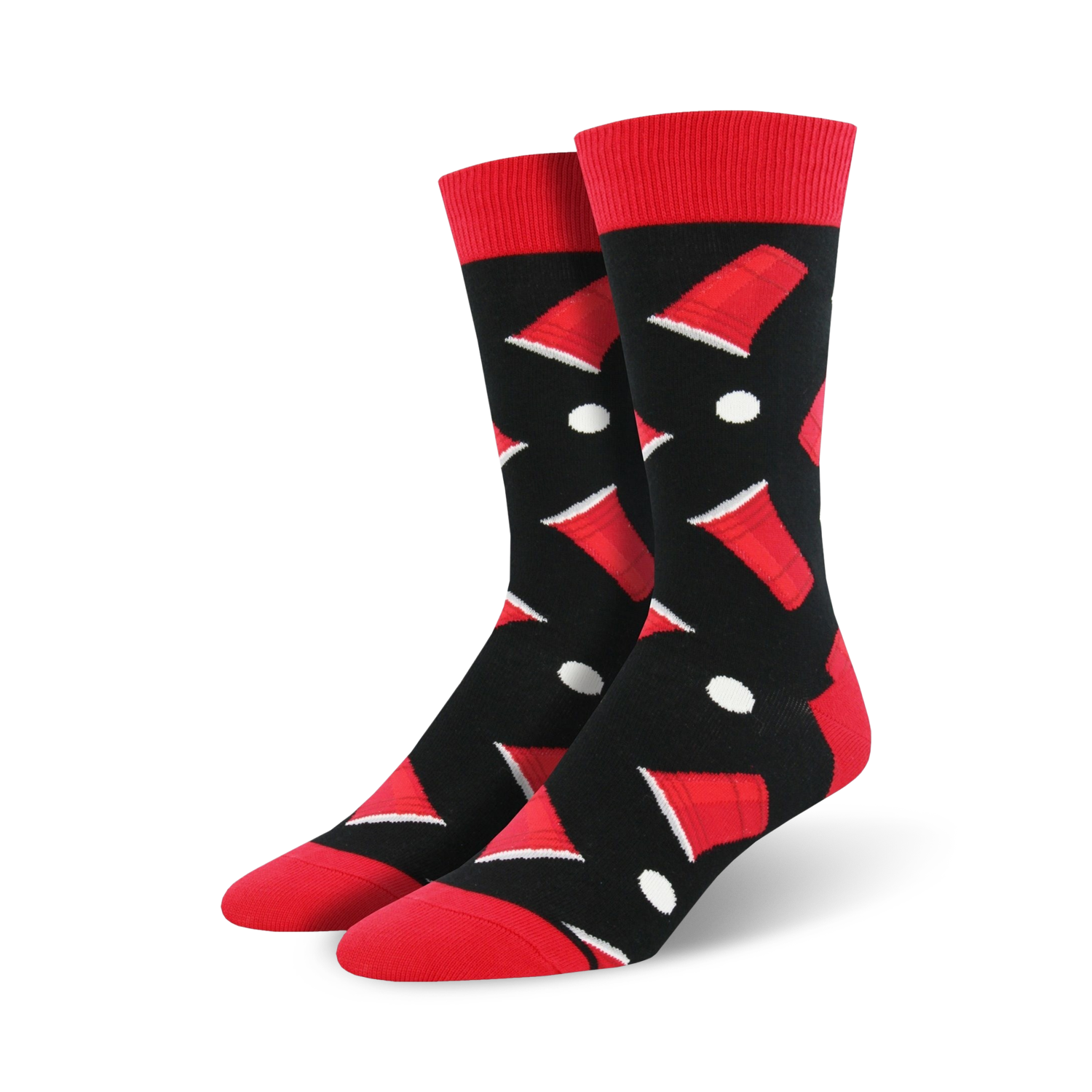 Pair of black crew socks with red beer pong cups and white ping pong balls. Fun, playful design.