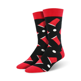 mens black, white, and red crew socks feature a fun ping pong and beer pong themed pattern.   