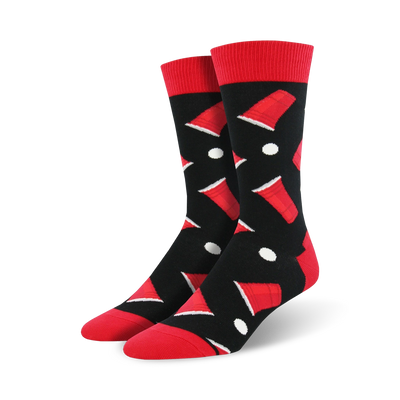 mens black, white, and red crew socks feature a fun ping pong and beer pong themed pattern.   