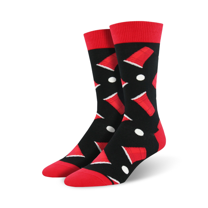 mens black, white, and red crew socks feature a fun ping pong and beer pong themed pattern.    }}