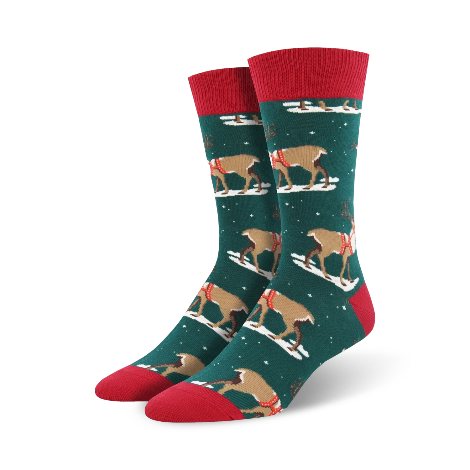 Pair of crew socks, green with brown reindeer wearing red harnesses, red cuffs, snowflakes on a dark teal background.