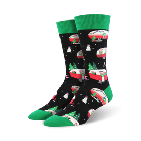 black crew socks with a pattern of christmas campers, christmas trees, snowmen, and green cuff, for men.   
