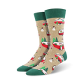 Close-up view of a pair of tan Christmas Camper socks. Same design as the black socks but on a tan background.
