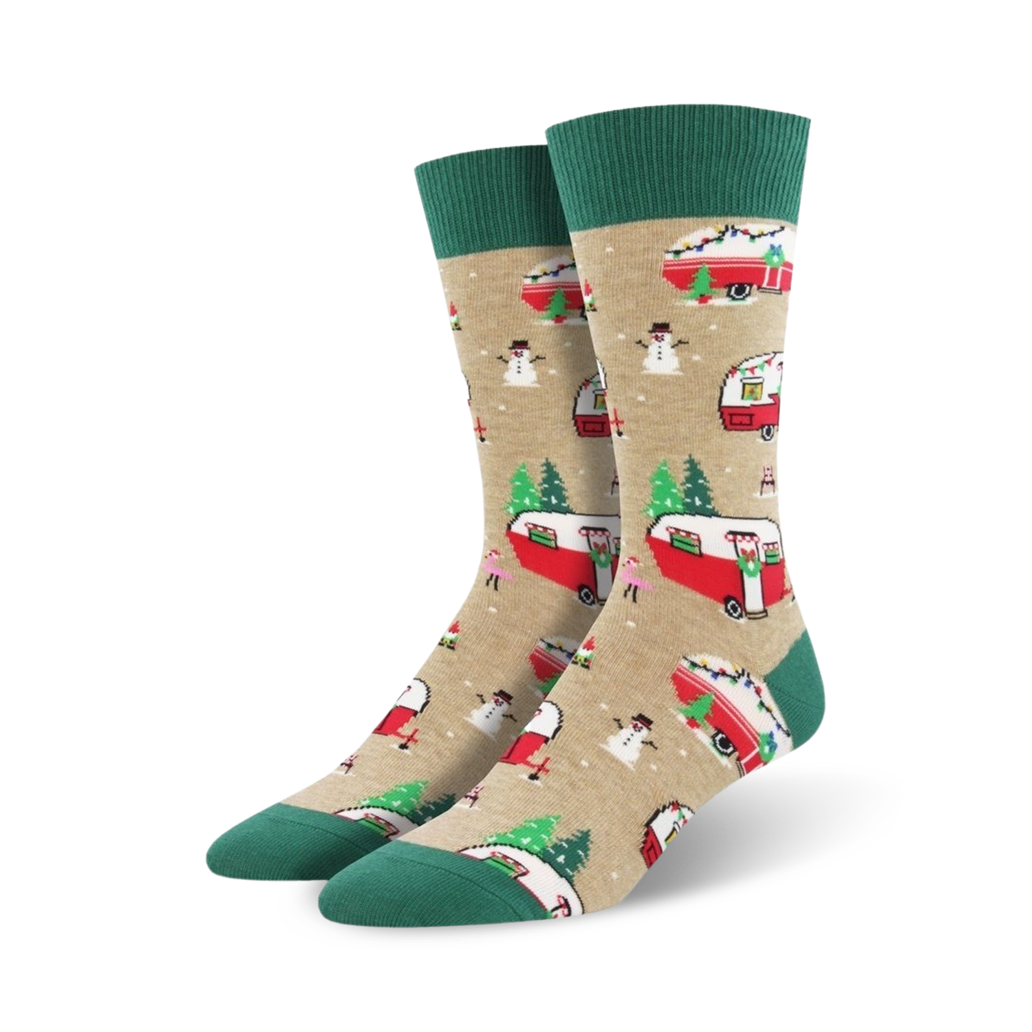 Close-up view of a pair of tan Christmas Camper socks. Same design as the black socks but on a tan background.