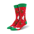 Crew socks in red with green cuffs.  The design features Bigfoot and Yeti figures exchanging gifts in a playful Christmas scene.