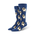 Pair of men's blue crew socks covered in a repeating pattern of tan pugs.  The pugs are facing forward in various poses.