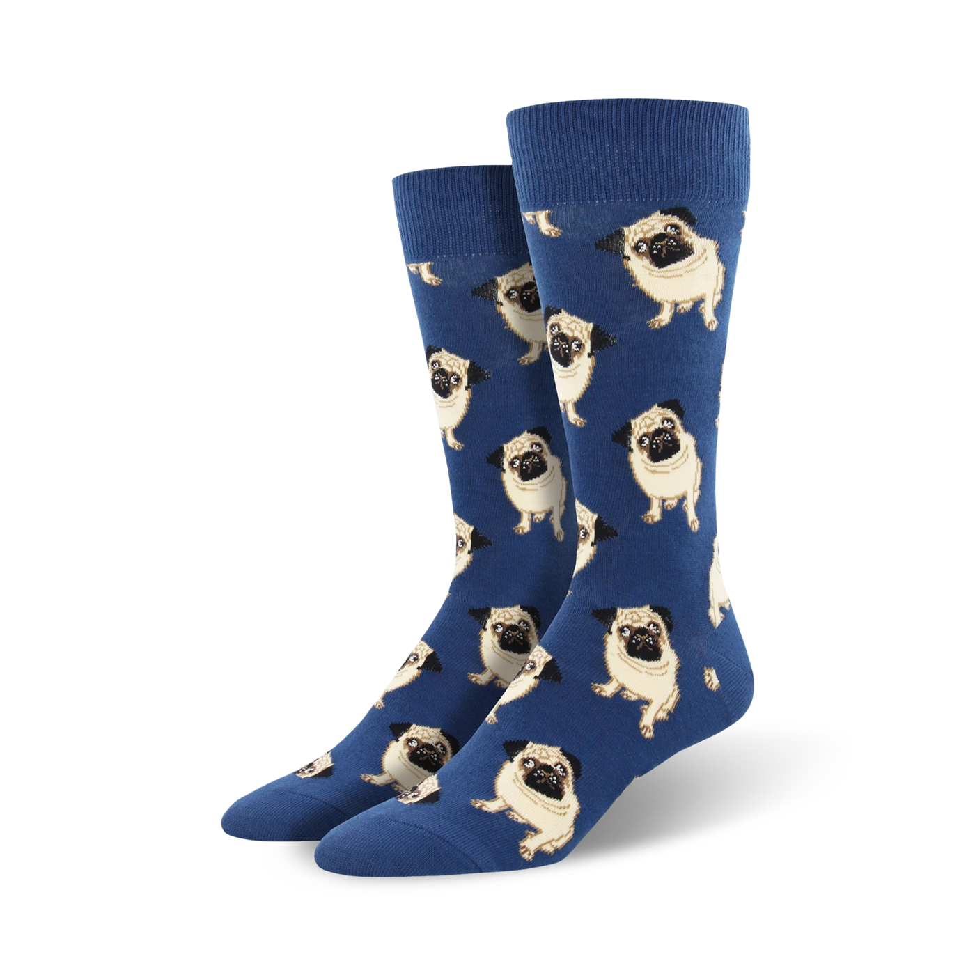 Pair of men's blue crew socks covered in a repeating pattern of tan pugs.  The pugs are facing forward in various poses.