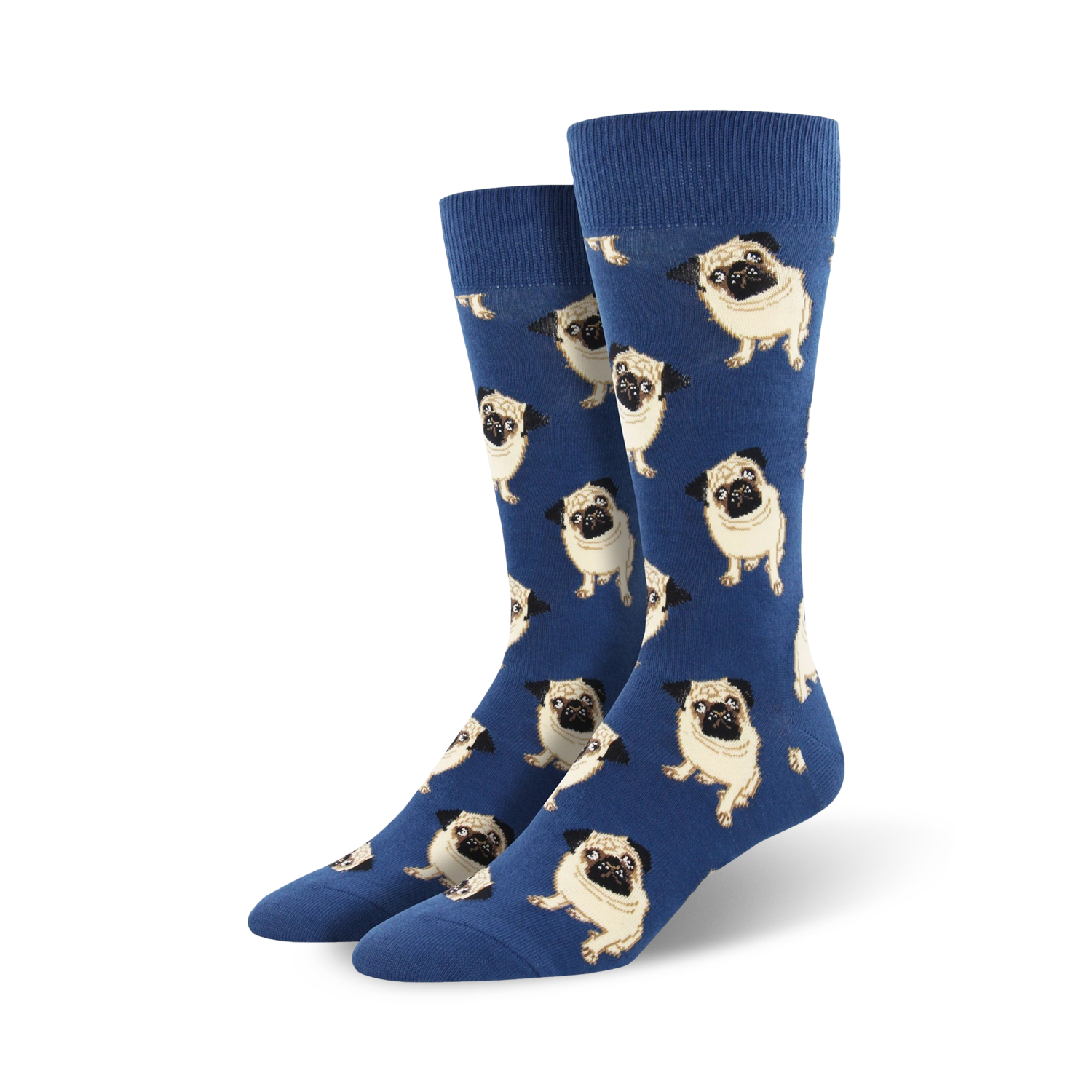 Pair of men's blue crew socks covered in a repeating pattern of tan pugs.  The pugs are facing forward in various poses.