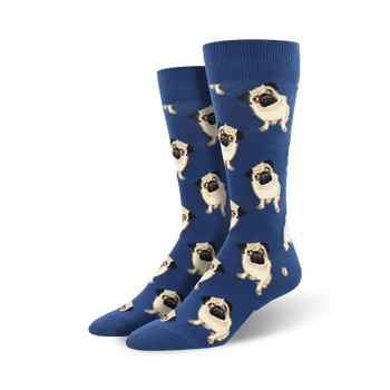 blue crew socks with a repeating pattern of light tan pugs with black muzzles and ears.  