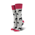 Pair of grey and pink crew socks with a repeating moose design.  Features a pink cuff and toe.