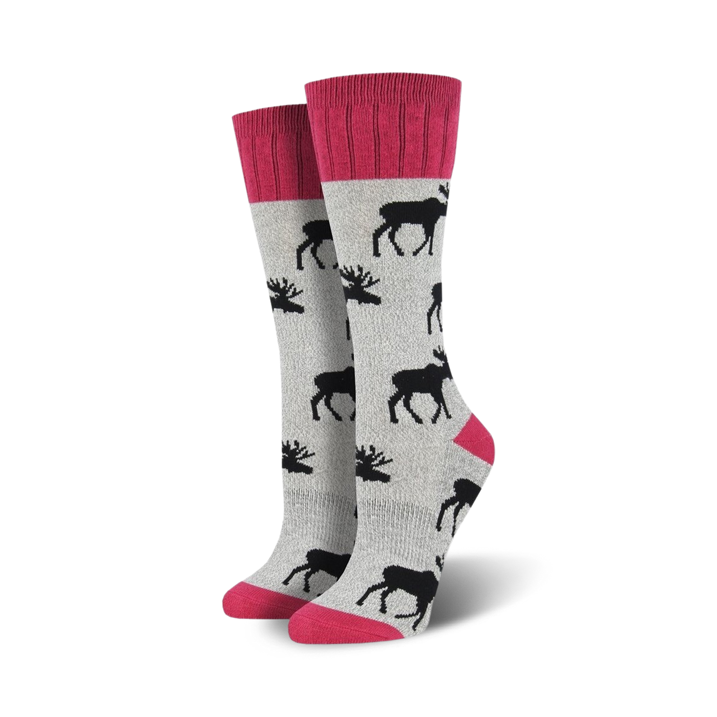 Pair of grey and pink crew socks with a repeating moose design.  Features a pink cuff and toe.