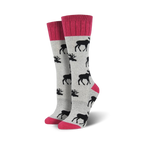 Pair of grey and pink crew socks with a repeating moose design.  Features a pink cuff and toe.