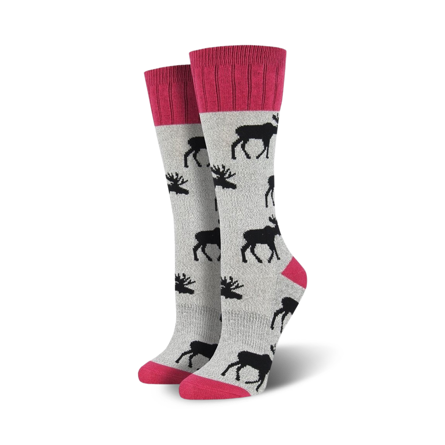 Pair of grey and pink crew socks with a repeating moose design.  Features a pink cuff and toe.