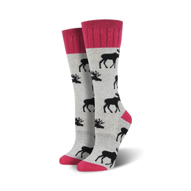 gray boot socks with a pattern of black moose facing left, pink cuffs. perfect for outdoor activities.   