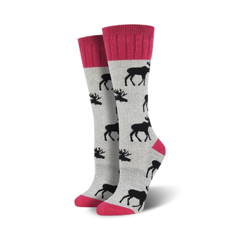 gray boot socks with a pattern of black moose facing left, pink cuffs. perfect for outdoor activities.   