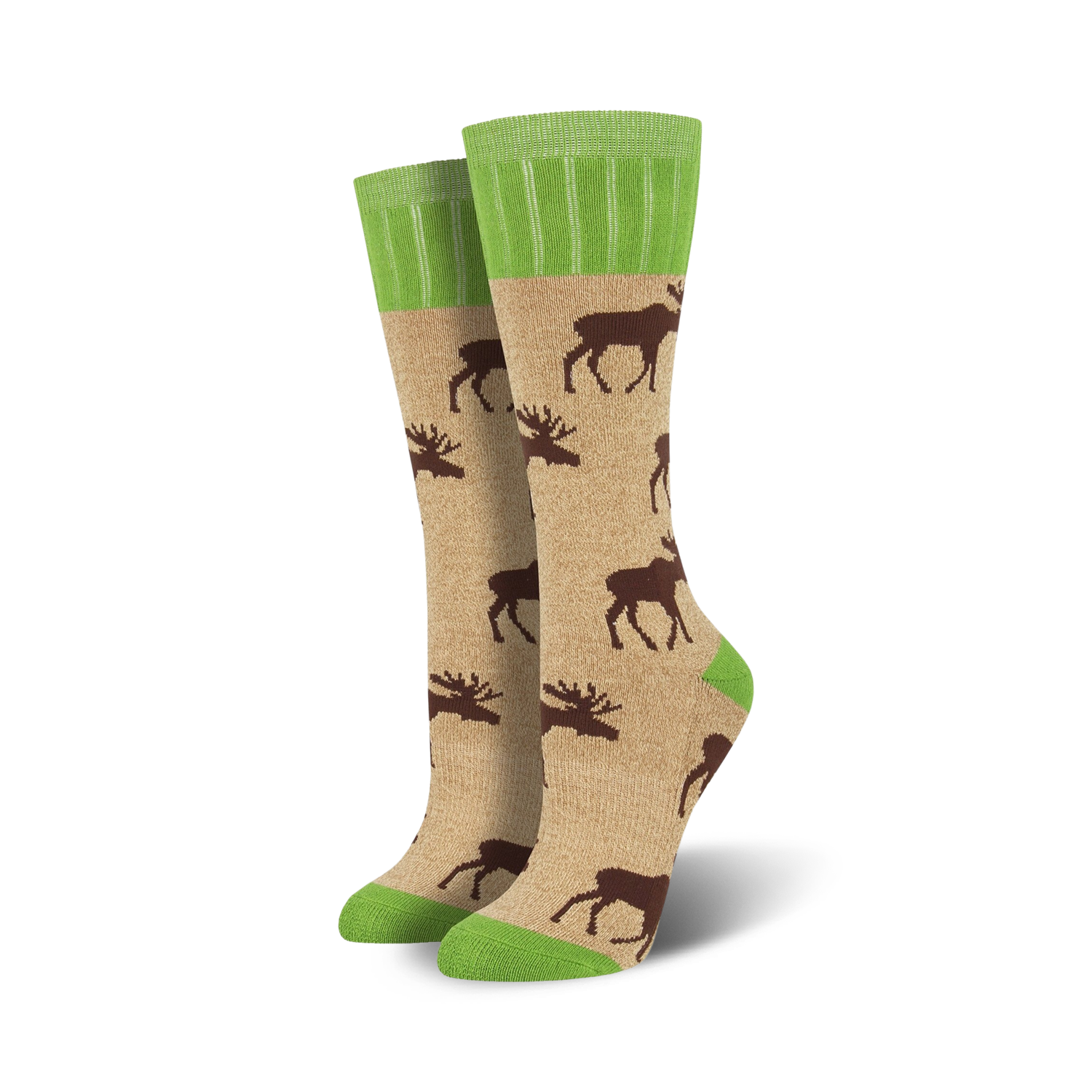 Lifestyle shot of Outlands Moose socks in tan and green. They're shown on a model's feet, worn casually.