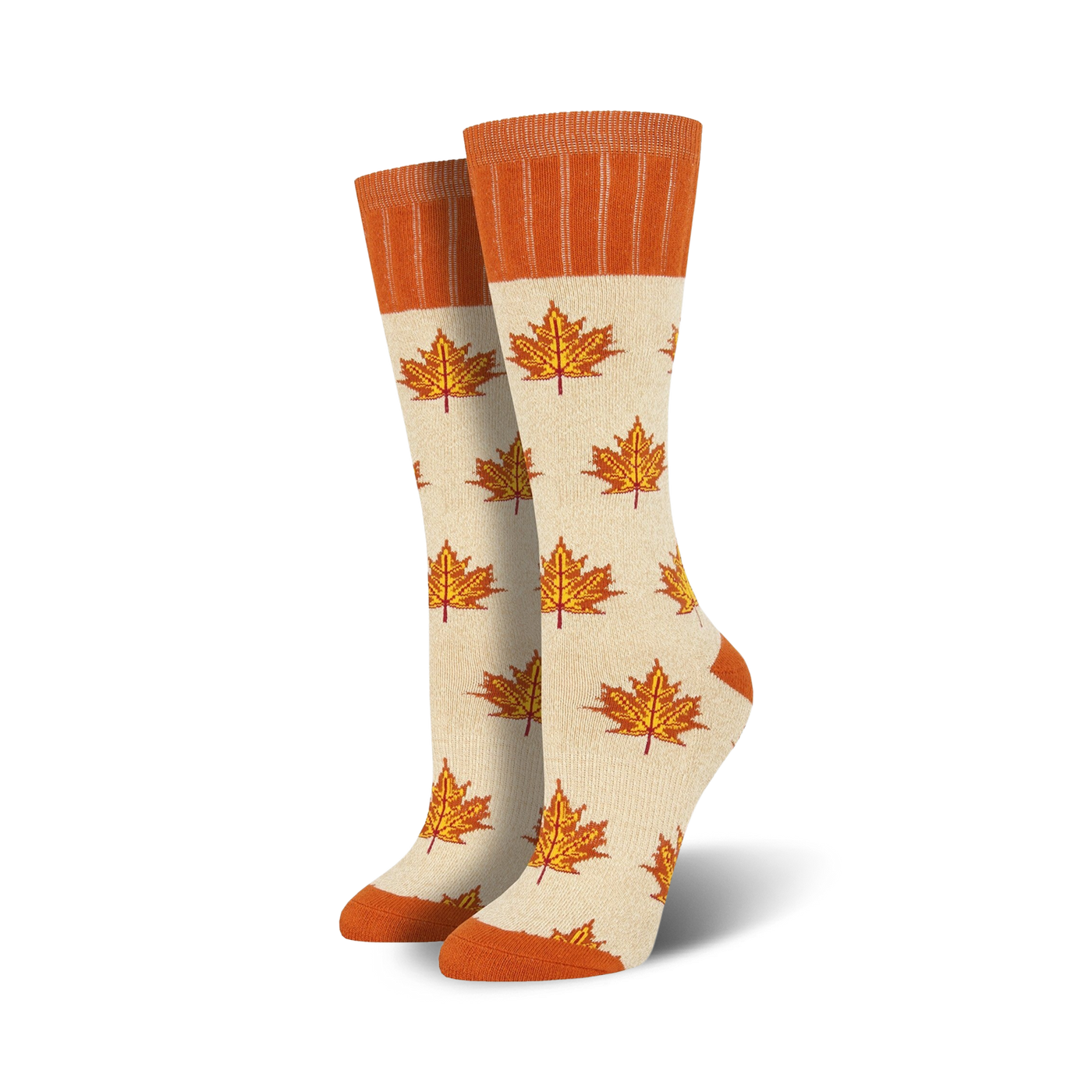 Pair of cream crew socks with orange maple leaf pattern. Orange ribbed cuff.