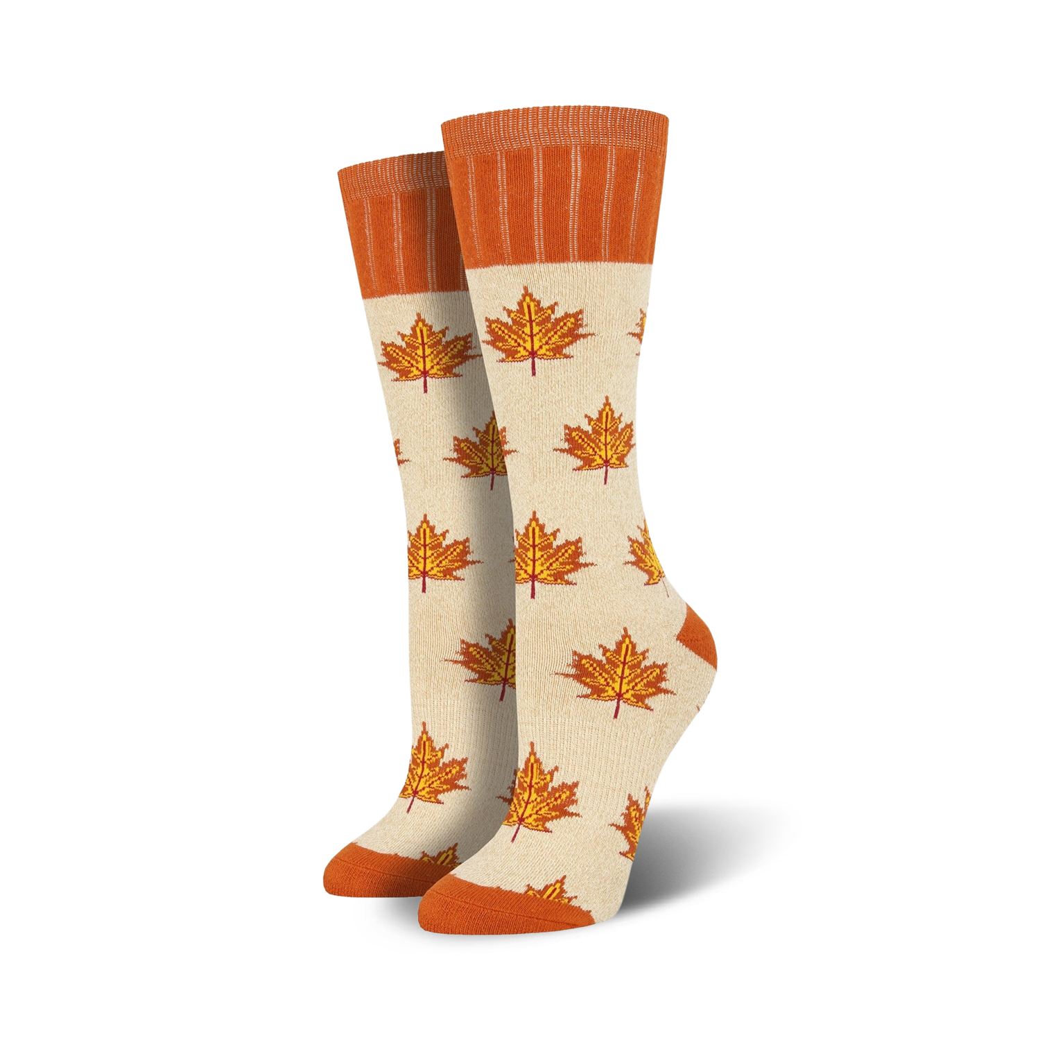 Pair of cream crew socks with orange maple leaf pattern. Orange ribbed cuff.