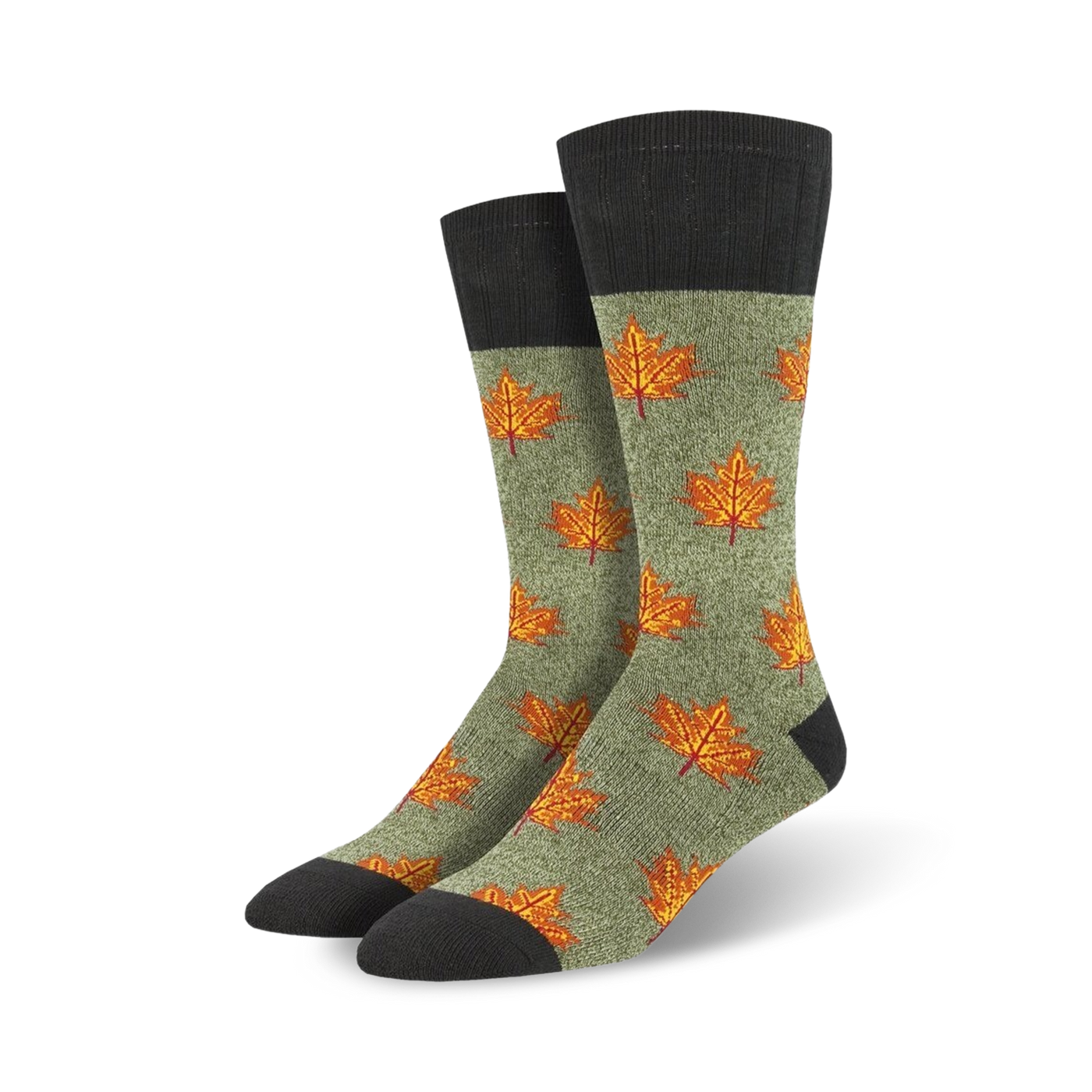 Pair of crew socks in olive green with orange maple leaf pattern and dark gray cuffs. Autumn-themed design.