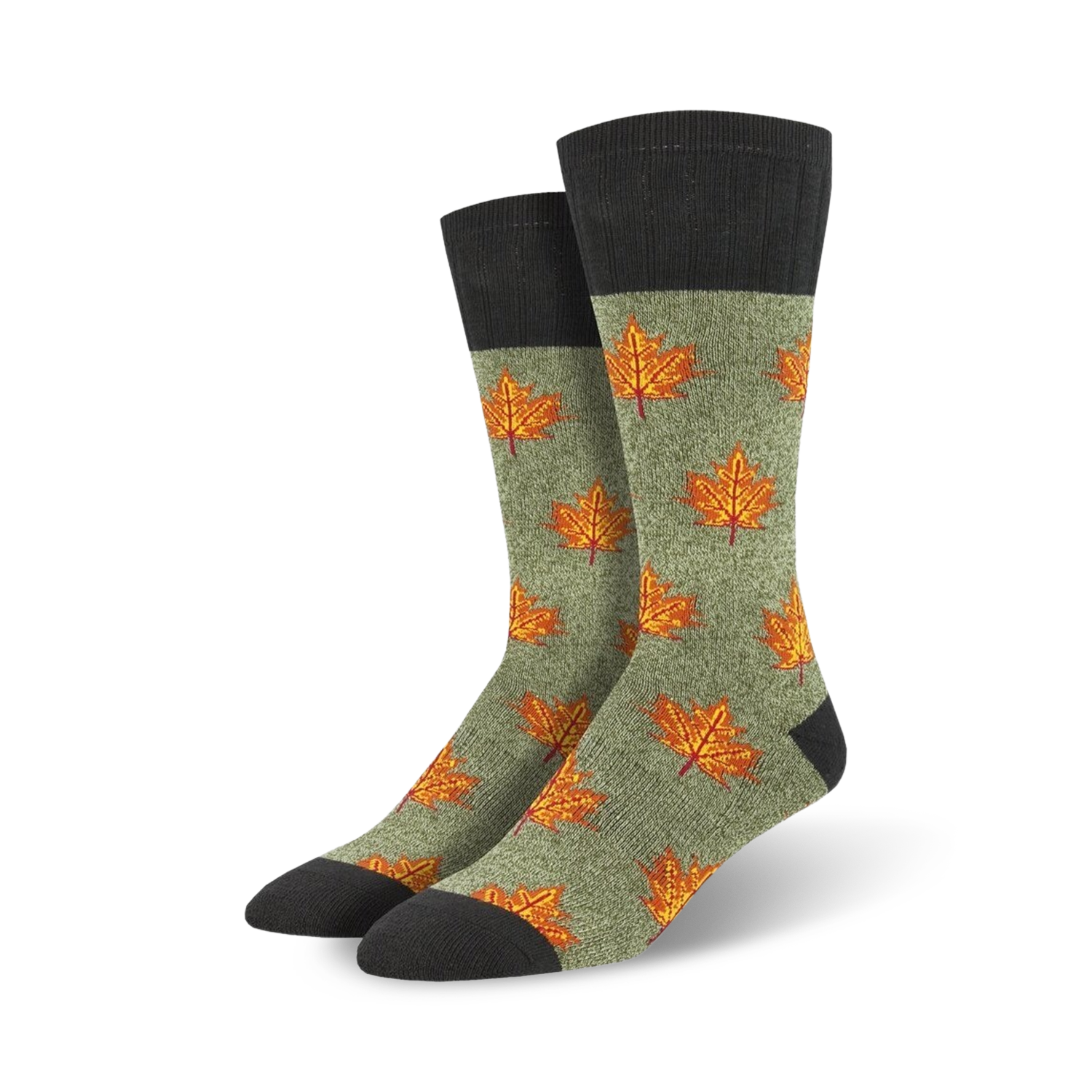 Pair of crew socks in olive green with orange maple leaf pattern and dark gray cuffs. Autumn-themed design.