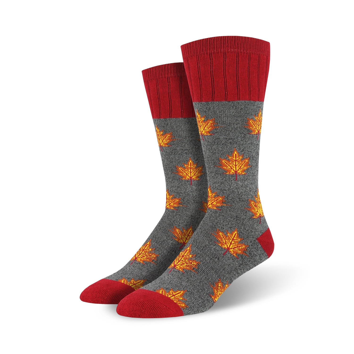 Close-up showing detail of gray crew socks with orange maple leaf pattern and red cuffs.