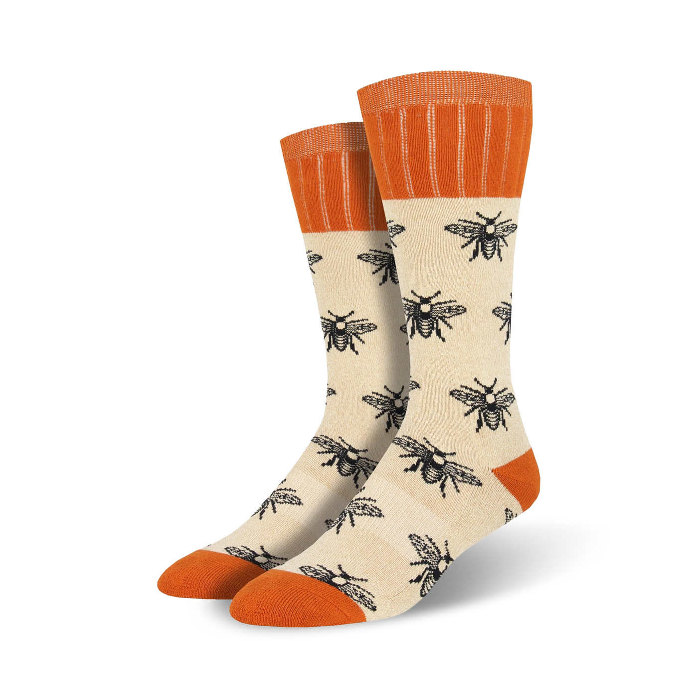 Pair of cream crew socks with a black bee pattern and orange cuffs. 
