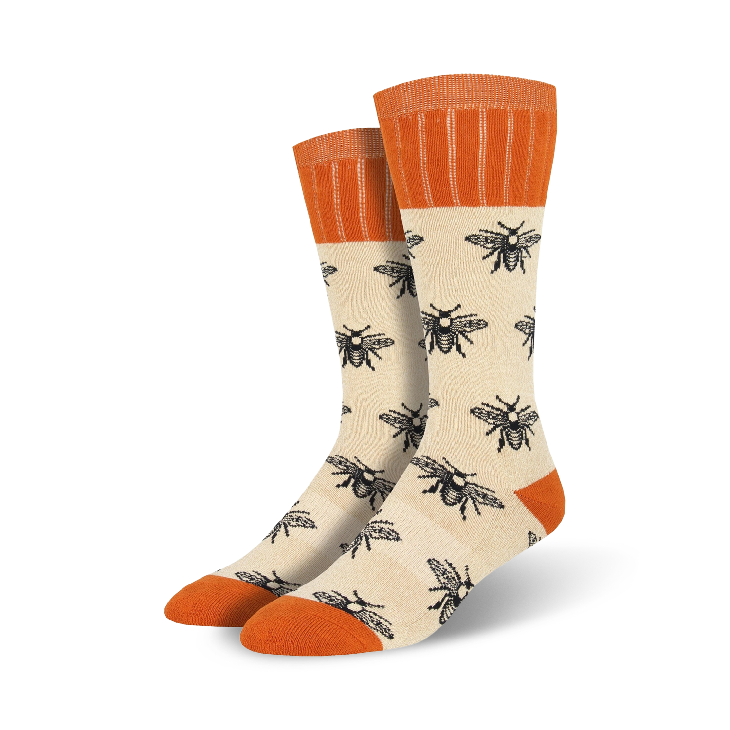 Pair of cream crew socks with a black bee pattern and orange cuffs. 