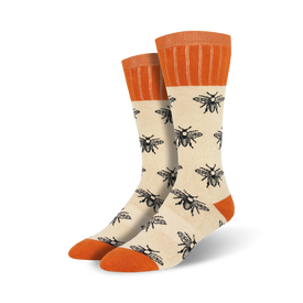 **cream-colored boot socks with black bees and orange wings. keywords: bees, honey, nature, funky socks, mens, cream.**   