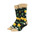 Pair of black crew socks with a bold yellow hibiscus and white flower pattern, tan cuff.