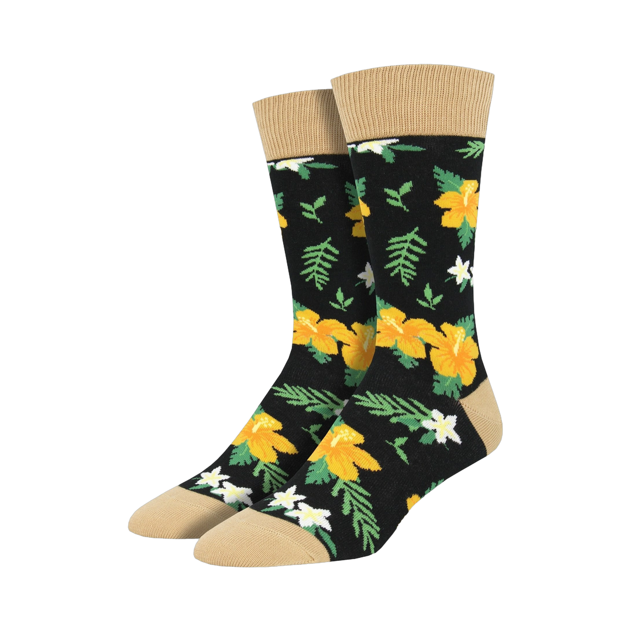 Pair of black crew socks with a bold yellow hibiscus and white flower pattern, tan cuff.