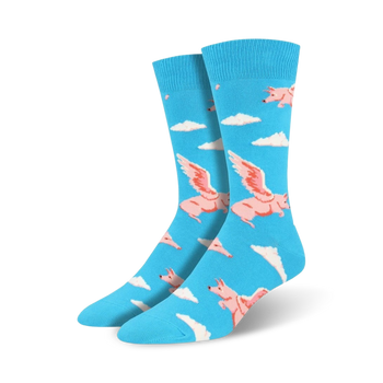 crew length blue socks for men featuring a pattern of pink flying pigs.  