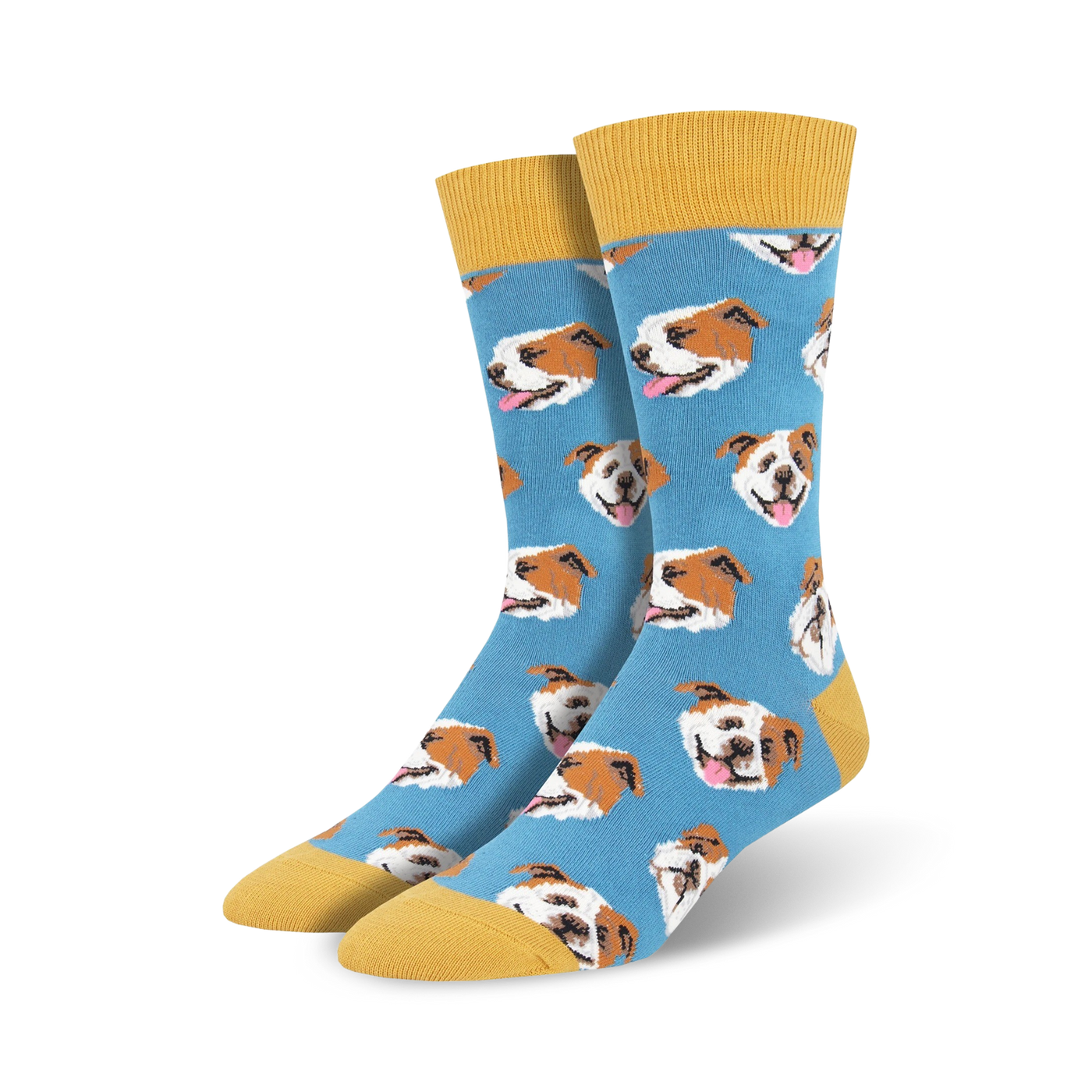 A pair of blue crew socks with a repeating pattern of brown and white bulldog faces. The socks have a mustard yellow cuff.