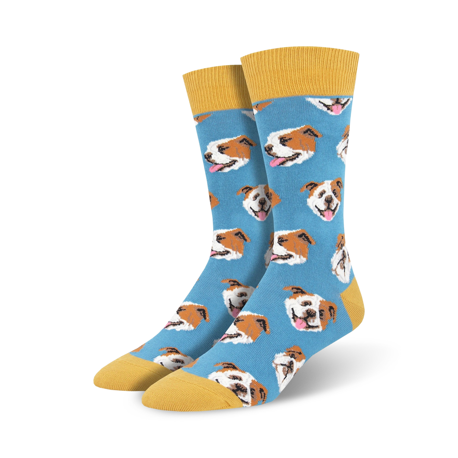 A pair of blue crew socks with a repeating pattern of brown and white bulldog faces. The socks have a mustard yellow cuff.