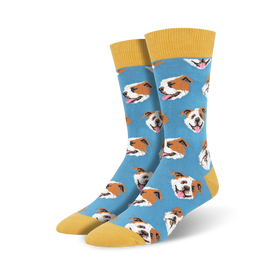 mens blue crew socks with a cartoon bulldog pattern. 