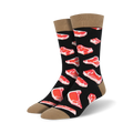 Pair of black crew socks with a repeating pattern of red steak images. Tan cuff detail.