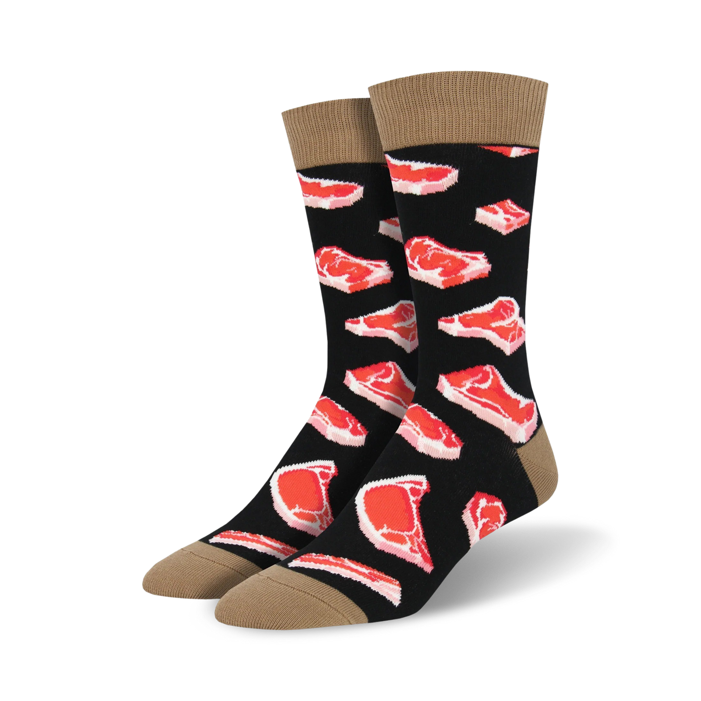 Pair of black crew socks with a repeating pattern of red steak images. Tan cuff detail.